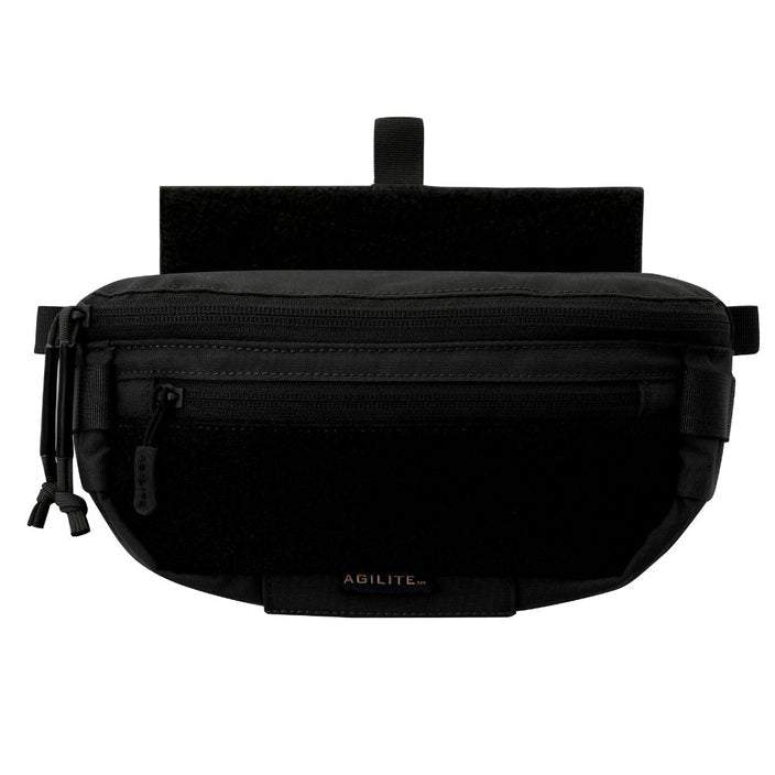 Agilite Six Pack hanger pouch in black tactical nylon, with two horizontal zippered pockets and a hook-and-loop mounting panel