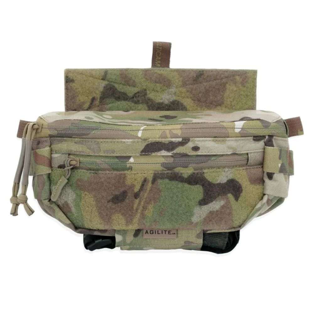 Agilite Six Pack hanger pouch in green, tan and brown camouflage nylon, with layered zip pockets and a top attachment panel
