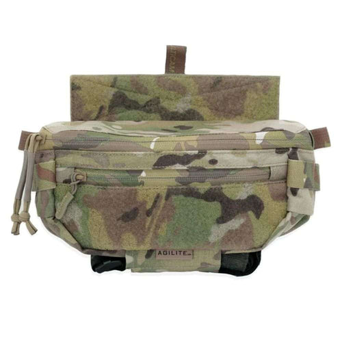 Agilite Six Pack hanger pouch in green, tan and brown camouflage nylon, with layered zip pockets and a top attachment panel