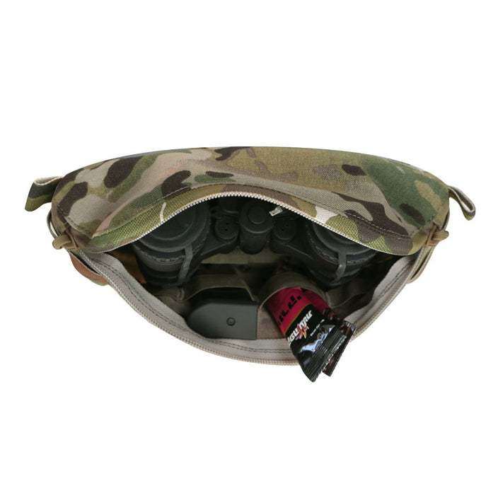 Agilite Six Pack hanger pouch in green and tan camouflage nylon, open to show organized interior storage