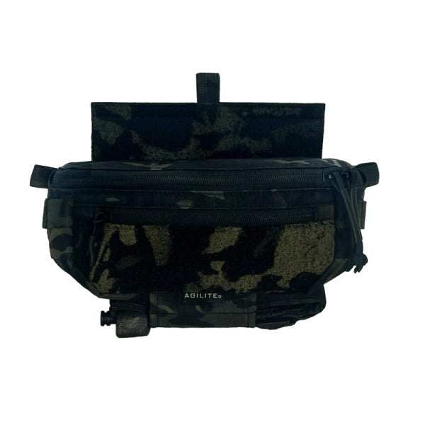 Agilite Six Pack hanger pouch in dark camouflage nylon with a wide top zipper, front loop panel and attachment flap