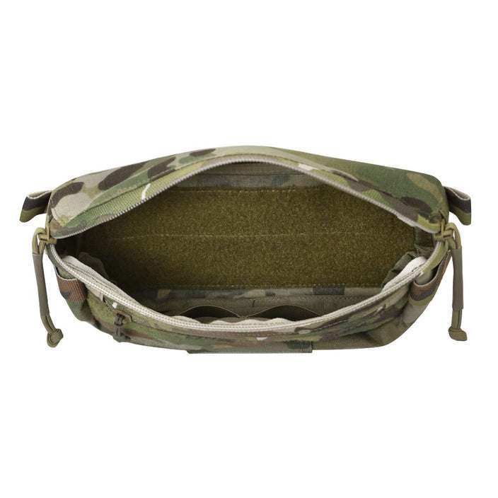 Agilite Six Pack hanger pouch in green camouflage nylon, opened to show its roomy olive interior and zippered pockets.