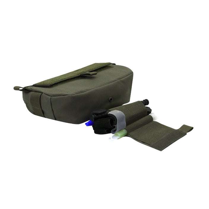 Agilite Six Pack hanger pouch in olive drab nylon, shown open with a lower flap and rolled gear secured inside
