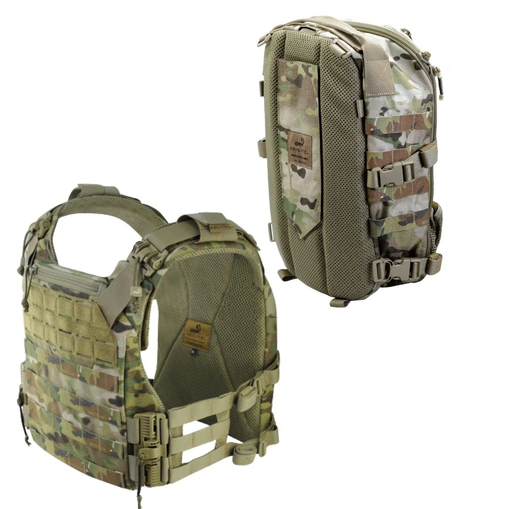 AMAP III Assault Pack in camouflage nylon with tan webbing, MOLLE panels, detachable straps and padded mesh back