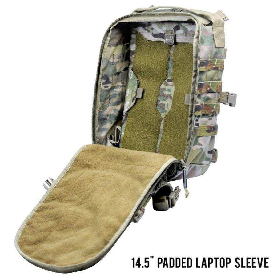 AMAP III Assault Pack in camouflage nylon, opened to show a tan padded laptop sleeve and hook-and-loop interior