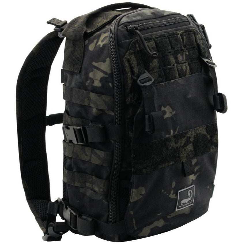 AMAP III Assault Pack in dark camouflage nylon with black MOLLE webbing, adjustable compression straps and front beavertail
