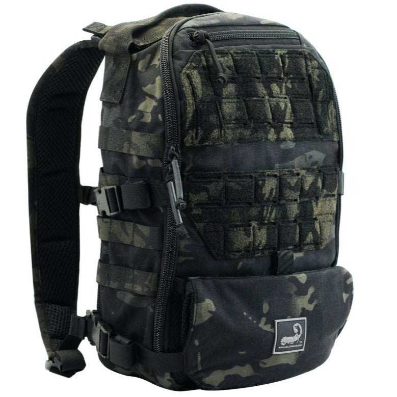 AMAP III Assault Pack in dark green and black camouflage nylon with webbing panels, front pocket and padded straps