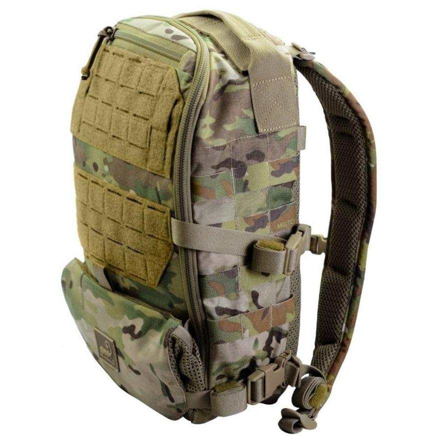 AMAP III Assault Pack in green camouflage nylon with tan MOLLE panels, padded shoulder straps and webbing