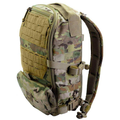 AMAP III Assault Pack in green camouflage nylon with tan MOLLE panels, padded shoulder straps and webbing