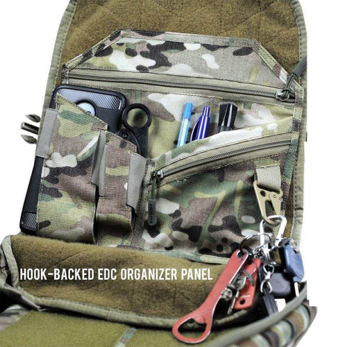 AMAP III Assault Pack interior with multicam fabric organizer panel, zippered pockets, pen slots and hook-and-loop backing