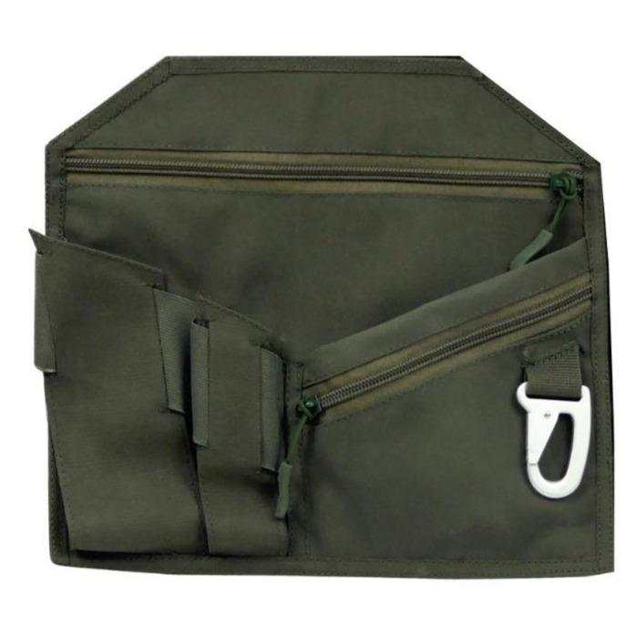AMAP III Assault Pack olive drab nylon panel with zippered pockets, webbing loops and a white attachment clip