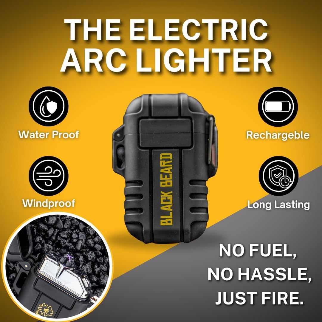 Black Beard Arc Lighter with a rugged black ribbed housing, yellow branding and dual plasma arc electrodes