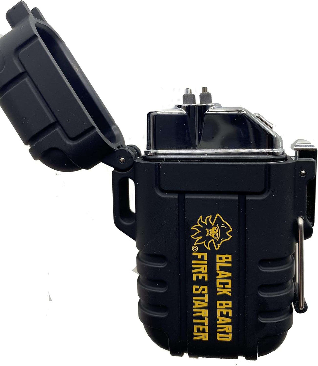 Black Beard Arc Lighter with a rugged black ribbed housing, hinged protective lid, metal side clip and yellow branding