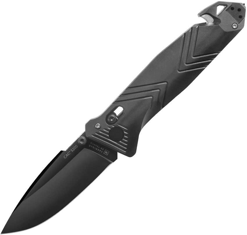 C.A.C Axis Lock Knife with a black drop-point blade, sculpted black polymer handle, crossbar lock and belt clip