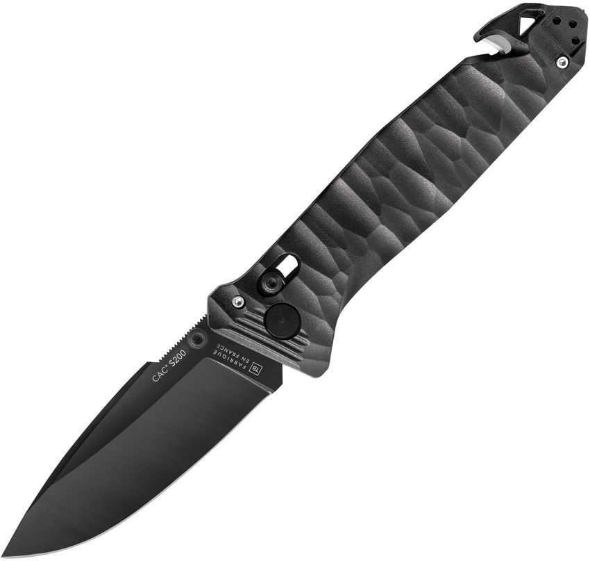 C.A.C Axis Lock Knife with black drop-point blade and sculpted dark gray polymer handle featuring textured scales and belt clip