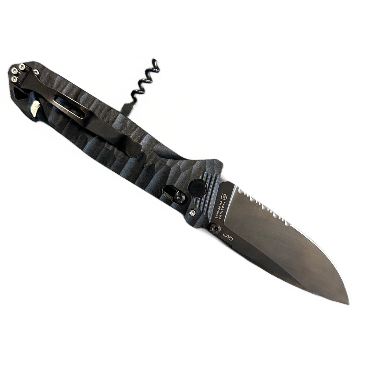 C.A.C Axis Lock Knife with black sculpted polymer handle, dark blade, serrated section, belt clip and corkscrew