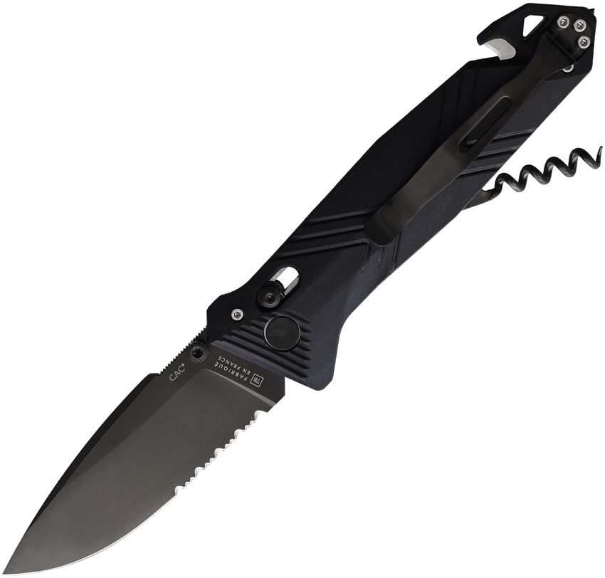 C.A.C Axis Lock Knife with a black serrated drop-point blade, sculpted black handle, pocket clip and corkscrew
