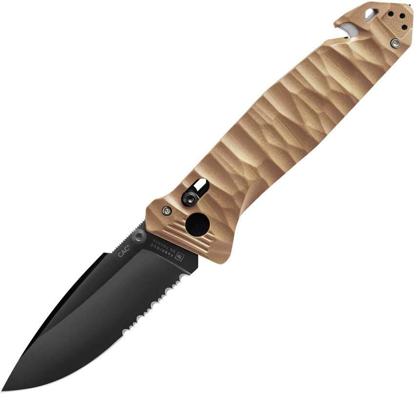 C.A.C Axis Lock Knife with a black partially serrated blade and sculpted bronze-toned handle with a belt clip