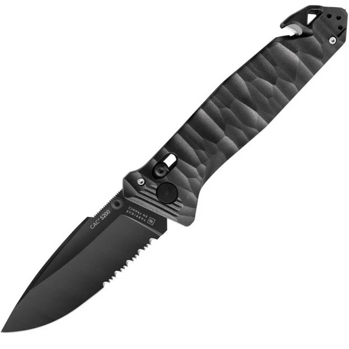 C.A.C Axis Lock Knife with black serrated drop-point blade, sculpted dark handle, crossbar lock and belt clip