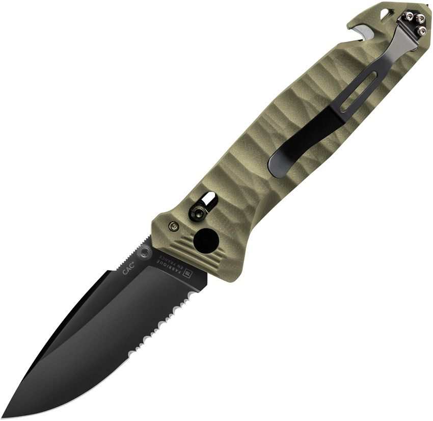 C.A.C Axis Lock Knife with a black serrated blade, olive green camouflage-textured handle, and reversible black pocket clip