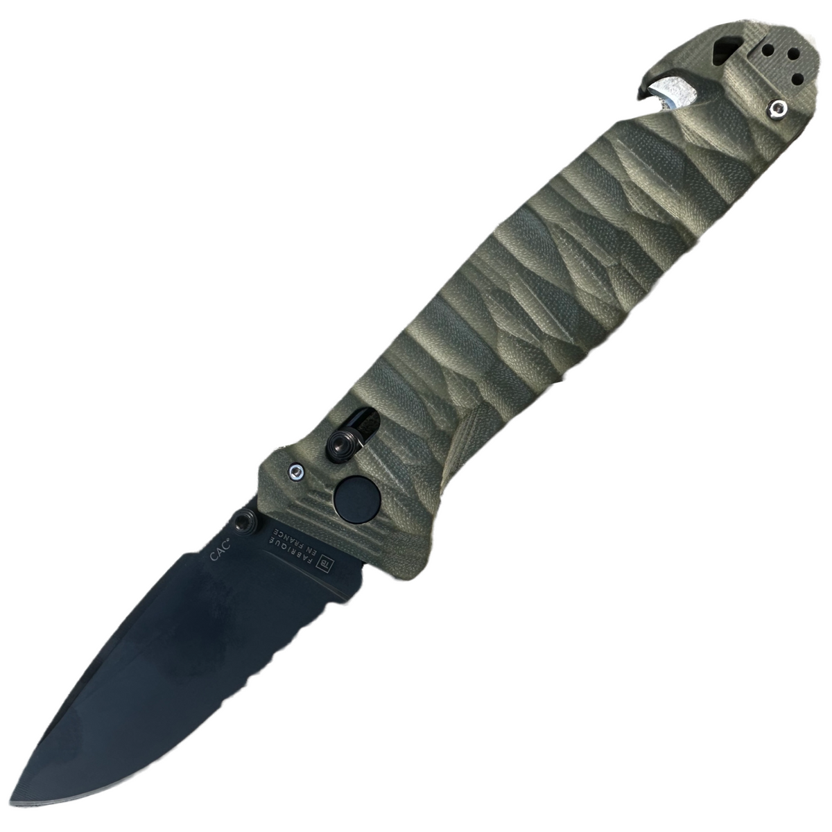 C.A.C Axis Lock Knife with a black serrated blade and olive green textured handle with a crossbar lock
