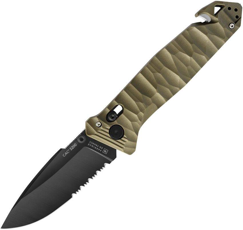 C.A.C Axis Lock Knife with black serrated drop-point blade and textured olive drab handle with pocket clip