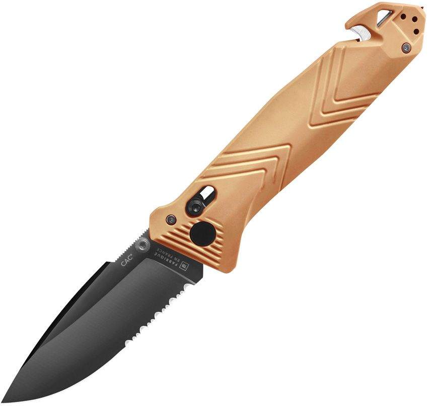 C.A.C Axis Lock Knife with a bronze sculpted polymer handle and black drop-point blade with partial serrations