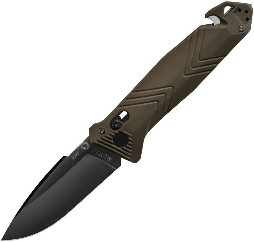 C.A.C Axis Lock Knife with a black drop-point blade and olive drab polymer handle featuring textured geometric grooves