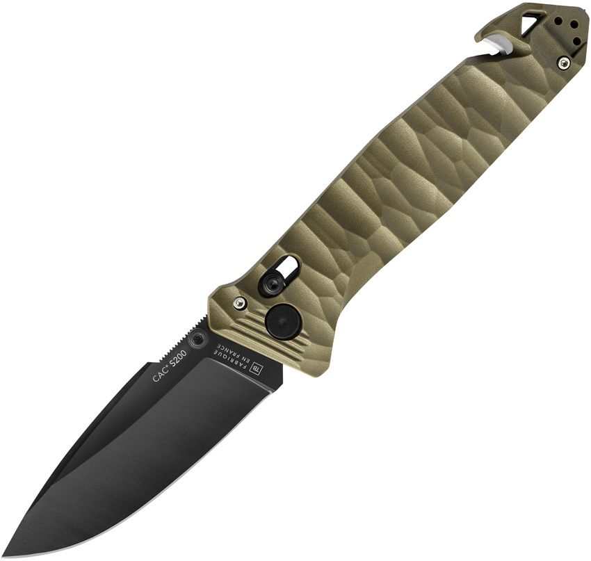 C.A.C Axis Lock Knife with a black drop-point blade and textured olive drab handle featuring a crossbar lock