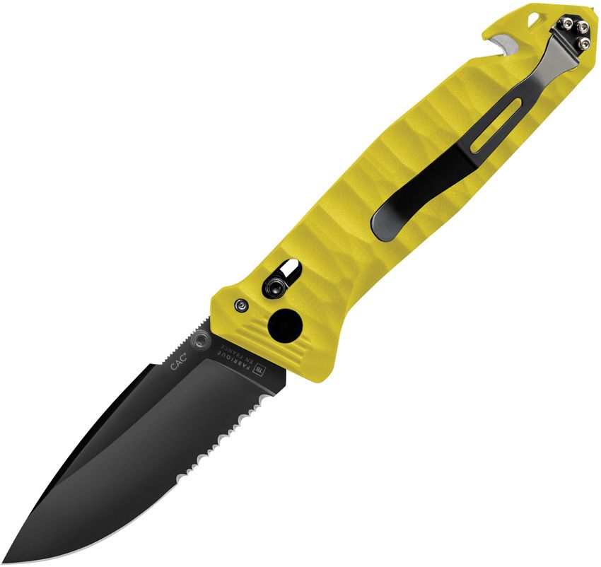 C.A.C Axis Lock Knife with a bright yellow textured handle, black pocket clip and black partially serrated drop-point blade