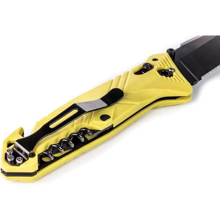 C.A.C Axis Lock Knife with a bright yellow sculpted polymer handle, black blade and reversible pocket clip