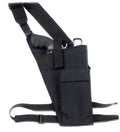 Hunting Shoulder Holster in black quilted nylon, with an adjustable harness, waist strap, and front accessory pocket.