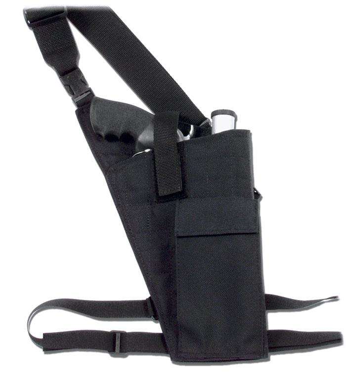 Hunting Shoulder Holster in black quilted nylon, with an adjustable harness, waist strap, and front accessory pocket.
