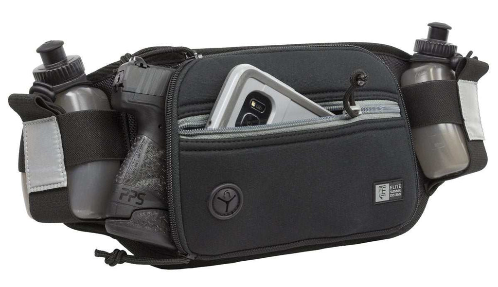 Marathon Gun Pack in black and gray ballistic nylon with two water bottles and a front zip pocket holding a smartphone
