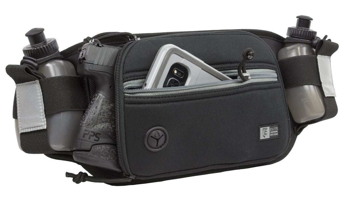 Marathon Gun Pack in black and gray ballistic nylon with two water bottles and a front zip pocket holding a smartphone