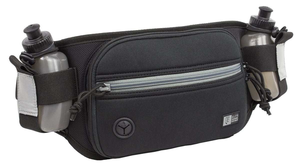 Marathon Gun Pack running belt in black and grey, with two water bottles, a zippered front pocket and adjustable straps