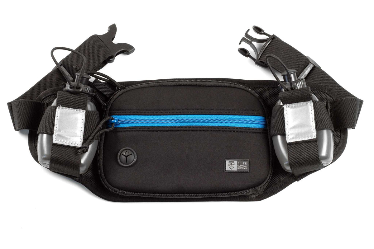 Marathon Gun Pack in black nylon with a bright blue zippered front pocket and two attached water bottle holders.