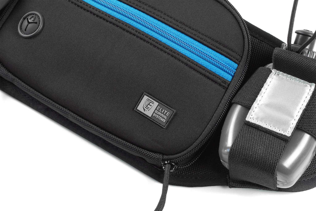 Marathon Gun Pack in black nylon with a bright blue zipper, front pocket and side-mounted silver water bottle