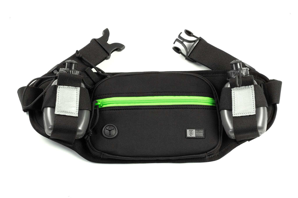 Marathon Gun Pack black nylon running belt with neon green zipper, two attached water bottles and adjustable straps