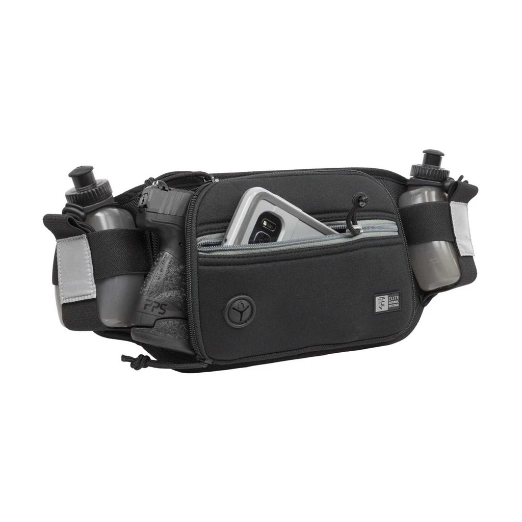 Marathon Gun Pack running belt in black ballistic nylon with two water bottles and a front zippered phone pocket
