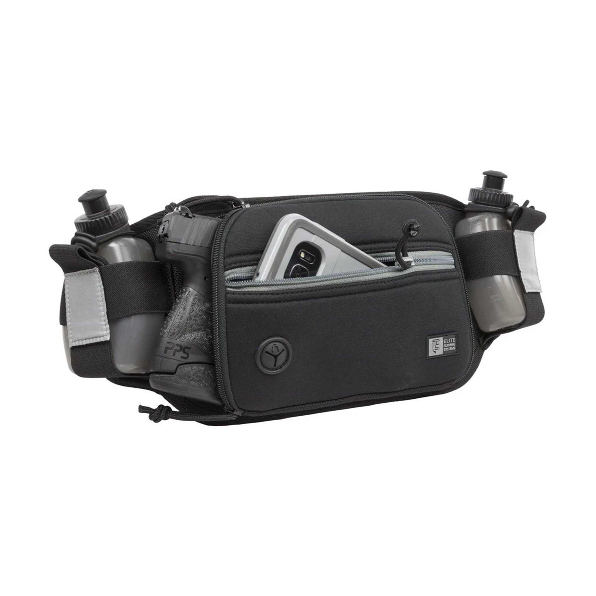 Marathon Gun Pack running belt in black ballistic nylon with two water bottles and a front zippered phone pocket