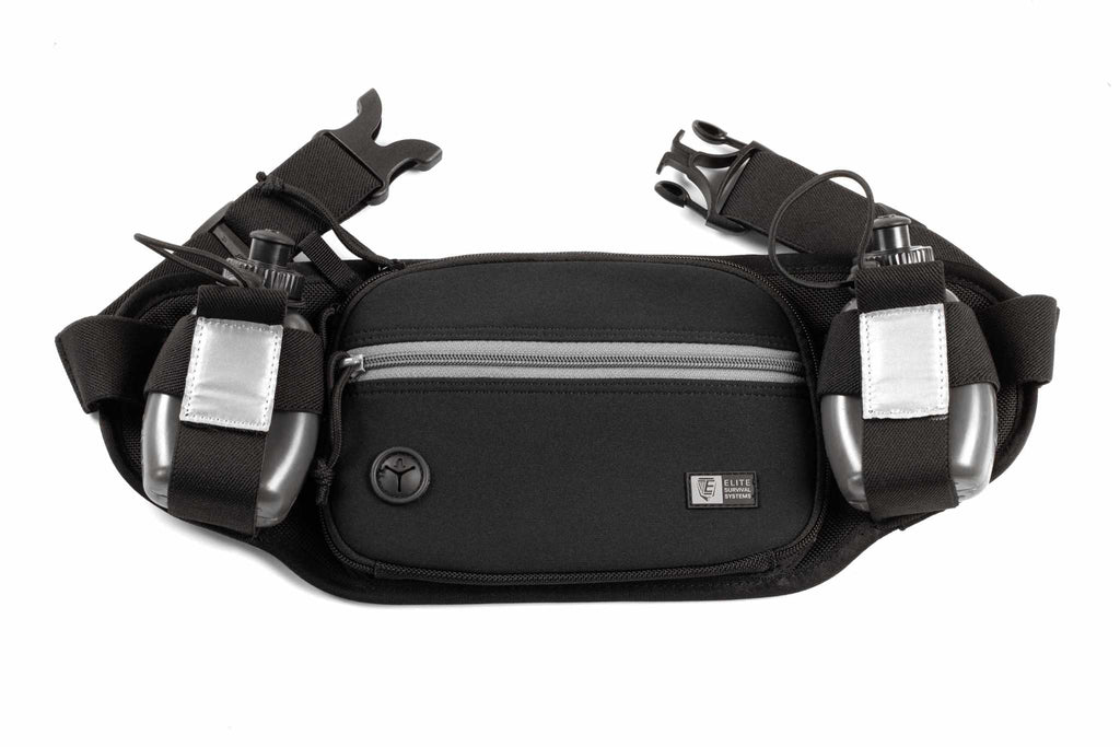 Marathon Gun Pack black nylon running belt with a zippered front pouch, two side-mounted water bottles and adjustable straps